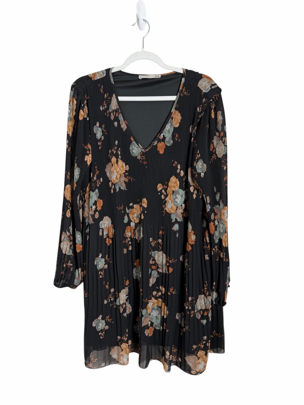 Black Tape Black with Floral Long Sleeve Pleated Mini Dress Size XL Party Boho